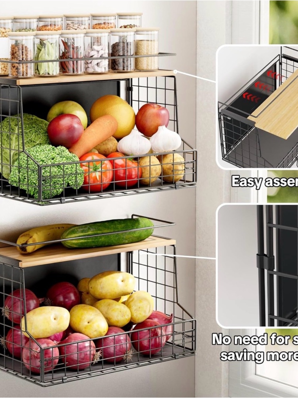 Adjustable Black Wire Kitchen Storage Basket Organizer - Multi-Tier Qty2